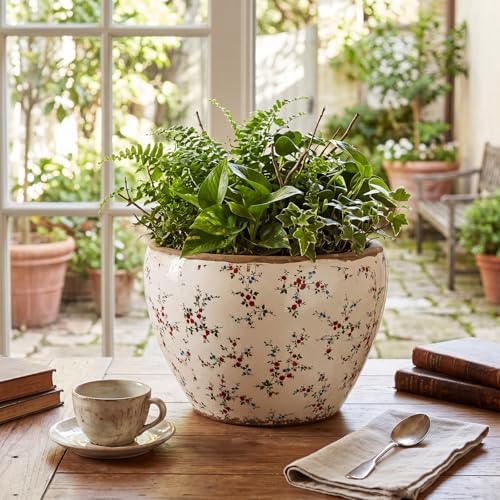 Geetery 10" Large Country Ceramic Pots Beige Vintage Floral Planters Decorative Plant Pot Wide Mouth with Drainage Hole for Indoor Outdoor Orchid Houseplant Home Office Shelf Table Decor Gift - Image 3