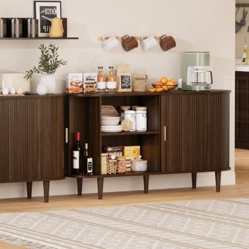 DHH Sideboard Buffet Cabinet with Storage,Mid Century Modern Fluted Accent Coffee Bar Console Table,Tambour Sliding Doors& Adjustable Shelf for Kitchen, Living Room, Entryway(Walnut,55 Inch) - Image 3