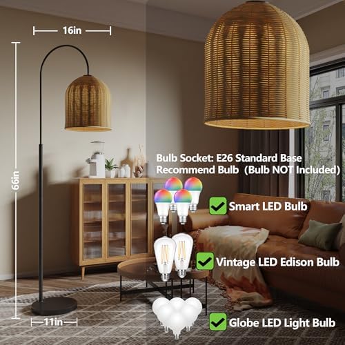 Rattan Floor Lamp, 66in. Boho Floor Lamp with Natural Brown Rattan Shade, Rustic Arc Standing Lamp for Coastal, Beach or Bohemian Style Decor (Coastal-Black) - Image 3