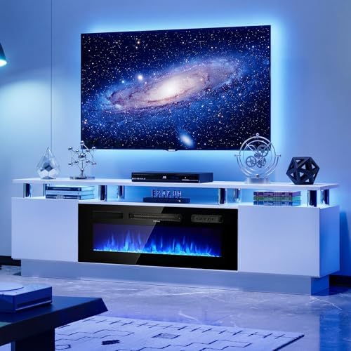 90" TV Stand for Living Room, Large Entertainment Center & Media Console, Fits TVs up to 100", Storage Cabinet with Shelves, 50" Electric Fireplace, White & Black - Image 6