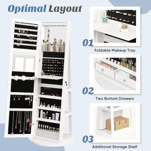 OLIXIS 360° Swivel Jewelry Cabinet with Light, Lockable Full Length Mirror - Image 6