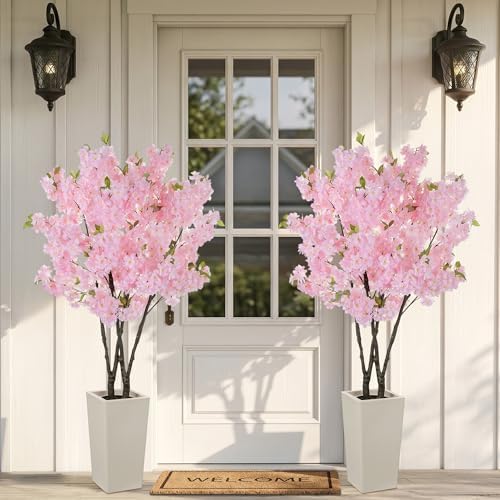 BLOSMON Artificial Cherry Blossom Tree for Porch, 5ft, Pink, with Planter - Image 2