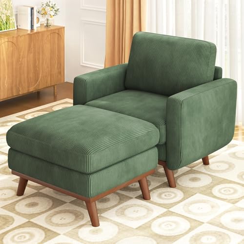 Vesgantti 38.5" Accent Chair with Movable Ottoman, Comfy Corduroy Armchair with Spring Cushion, Reading Chair with Ottoman, Modern Single Sofa for Living Room, Bedroom and Apartment, Green by Vesgantti