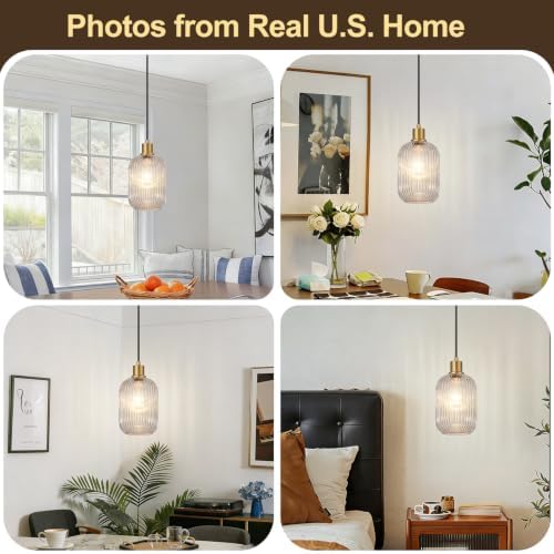 2 Pack Pendant Lights with Vintage Clear Ribbed Glass Lampshade, Adjustable Brushed Gold Pendant Lights Fixtures for Kitchen Island Lighting Sink, Dining & Living Room Hallway (Bulbs Not Included) - Image 4