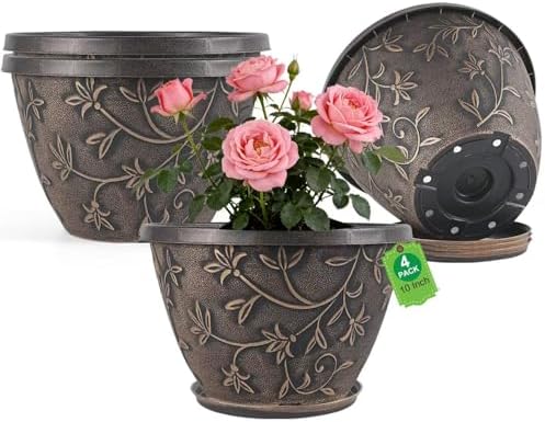 Nooulap 10 Inch Flower Pots Outdoor, Plastic Planters 4 Pack by Nooulap