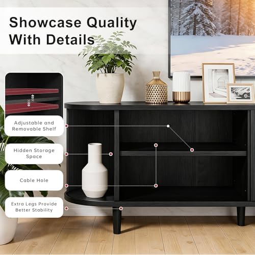 70" Mid Century Modern TV Stand, Wood TV Consoles with Sliding Doors and Power Outlet, Fluted Entertainment Center with Adjustable Shelves, Media Console for Living Room, Black - Image 6