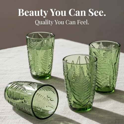 Green Drinking Glasses Set of 4, 12 oz Glass Cups, Vintage Fern Glassware - Image 2