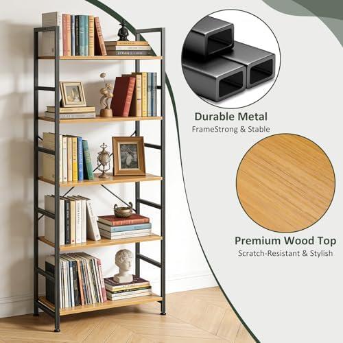 5 Tier Bookshelf, Free Standing Bookcase with Open Storage Shelves - Image 5