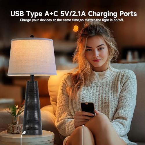Terpsichore Nightstand Lamp Bedside Lamps Set of 2 Desk Lamp Vintage Rustic Farmhouse Table Lamp 3 Way Dimmable Light,Bulb*2,USB A+C Port (Black with Gold, High 27 Inch) - Image 4
