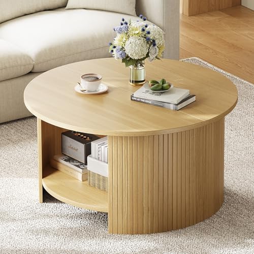 Round Coffee Table with Storage, 31.5" Modern Fluted Center Table, 2-Tier Mid Century Coffee Table, Wood Circle Table for Living Room, Home Office, Small Space, Oak - Image 6