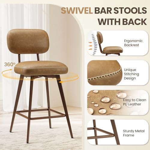 MALOL 26“ PU Leather Swivel Bar Stools Set of 3, Mid Century Counter Height Bar Chairs with Low Back and Metal Legs, Modern Bar Stool Chair for Kitchen Island, Brown - Image 4
