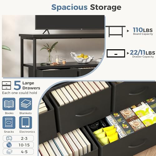 DUMOS TV Stand with 5 Fabric Storage Drawers, Media Console with Open Shelf & Charging Station, Compact Fabric Storage Entertainment Cabinet for Bedroom Living Room, Black - Image 4