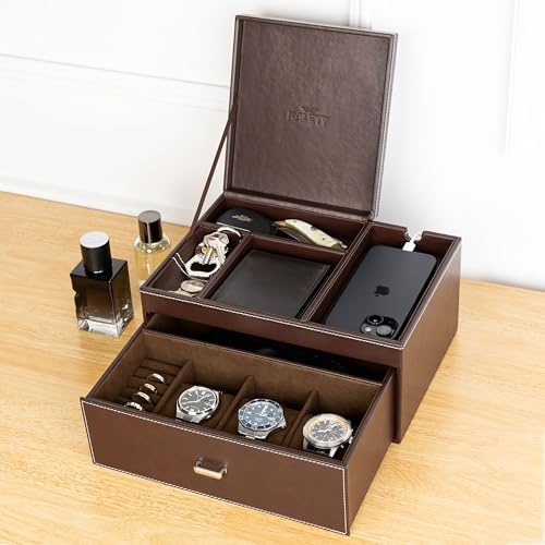 Mens Jewelry Box Organizer & Dresser Valet Tray - Premium Nightstand Station for Watches, Rings, and Accessories - Mens Dresser Top Organizer with Multiple Compartments and Soft Lining (Brown) - Image 4