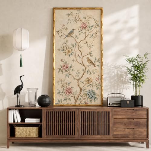 InSimSea Gold Bamboo Framed Wall Art, Asian Bird Flower Prints, 20x40In - Image 4