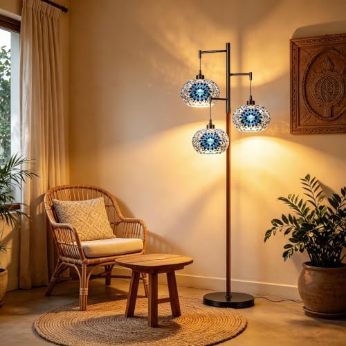 QIYIZM Turkish Floor Lamp for Living Room,Bedroom,Moroccan Mosaic Standing Lamp Stained Glass Lamps Black Mid Century Tall Lamps Unique Tree 3 Light Vintage Retro Wood Floor Lights Boho Tiffany Style - Image 4