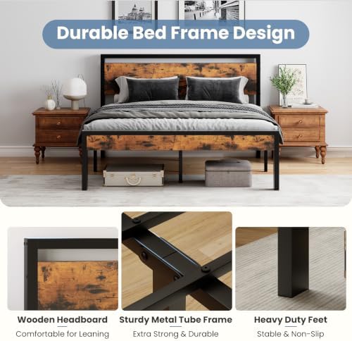 Sweetcrispy King 14 Inch Bed Frame with Wood Headboard, Rustic Brown - Image 4