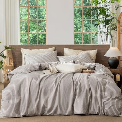 MooMee Striped Duvet Cover Set 100% Washed Cotton Linen Like King by MOOMEE