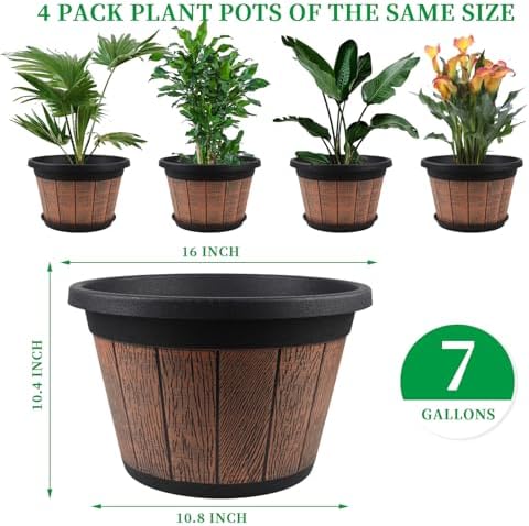 4 Pack 16 inch Plant Pots,Whiskey Barrel Planters with Drainage Holes - Image 4