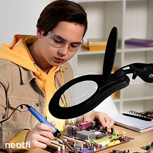 Neatfi LED Magnifying Lamp 1,200 Lumens with Clamp – 5” 8-Diopter Glass Lens, Dimmable Task Light | Adjustable Arm | Reading, Sewing & Crafting (Black, 8-Diopter) - Image 2