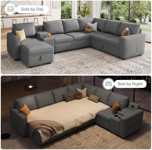HONBAY Modular Sleeper Sofa with Pull Out Bed, Central Console, Grey - Image 5
