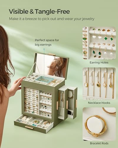 SONGMICS 5-Layer Jewelry Box with Glass Window, 3 Side Drawers - Image 5