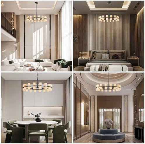 Alabaster Round Chandelier, Natural Spanish Stone Texture Chandeliers, D31in Round Chandeliers for Dining Room Chandelier Light Fixture for Kitchen Living Room Foyer Entryway Hallway (Black) - Image 5