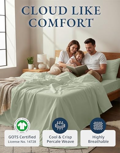 LANE LINEN 100% Organic Cotton Eco Friendly Full Size Sheet & Pillowcase Sets, Fully Elasticized Soft & Comfy Percale Bedding, Naturally Temperature Regulating Cotton Sheets Full- Mineral - Image 2