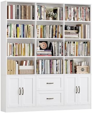 HOSTACK 71" Tall Triple Wide Bookshelf with Storage Drawers & Doors, White by HOSTACK