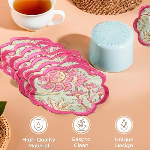 Ridhi 8-Pcs 100% Cotton Hand Block Print Drink Coasters 5" in Pistachio Green - Image 3