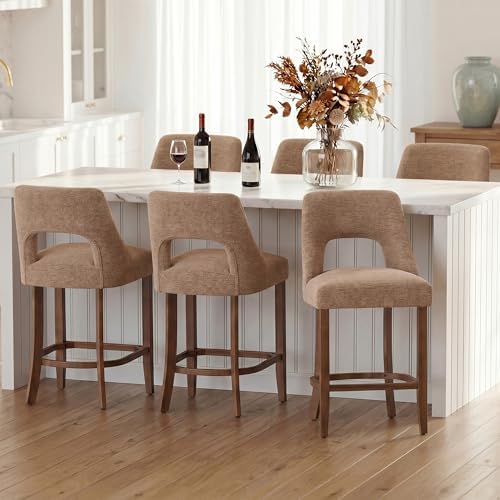 UVV Bar Stools Set of 6, Upholstered Counter Height Bar Stools, Modern Counter Stools with Wood Legs for Kitchen Island Dining Room Bar, Khaki by UVVLivetheQualityLife