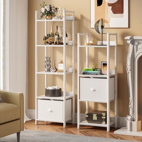 Furologee 5 Tier Bookshelf with Drawer, Tall Narrow Bookcase with Shelves, Wood and Metal Book Shelf Storage Organizer, Modern Display Standing Shelf Unit for Bedroom, Living Room, Office, White - Image 2