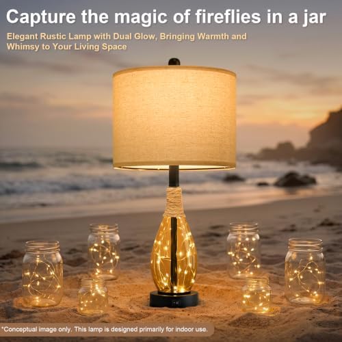 OYEARS 23" Table Lamps for Living Room Set of 2 Bedside Lamps for Night Stands Bedroom Lamps Farmhouse Rattan Boho Lamp Glass Nightlight End Table Lamp,Two Light Points - Image 3