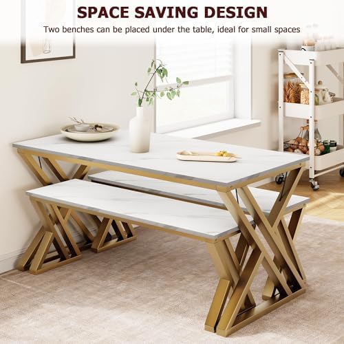 CABIHOME Space-Saving Rectangular Dining Table Set for 4 – Includes Table and 2 Benches – Durable x-Shaped Metal Frame – Perfect for Kitchen, Dining Room, Apartment, or Studio – Gold White - Image 3