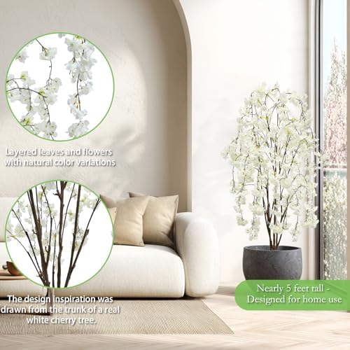Artificial White Cherry Blossom Tree, 5Ft Tall Indoor Faux Plant with Cascading Branches, Potted Decorative Tree for Home, Office, Living Room, Patio - Image 3