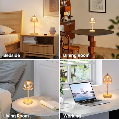 Shenmoyl Tulip Table Lamp with 5200mAh Battery & Touch Control, Small Cordless Table Lamp with 3 Colors, Rechargeable Battery Operated Table Lamps for Bedroom, Desk, Bedside (Amber-Beech Color) - Image 4