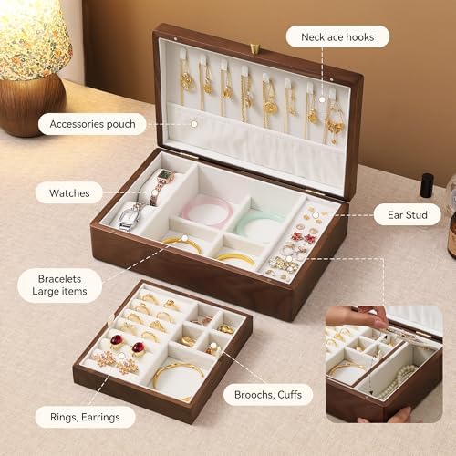 Black Walnut Wooden Jewelry Box, 2 Layer Large Necklace Organizer for Women - Image 4