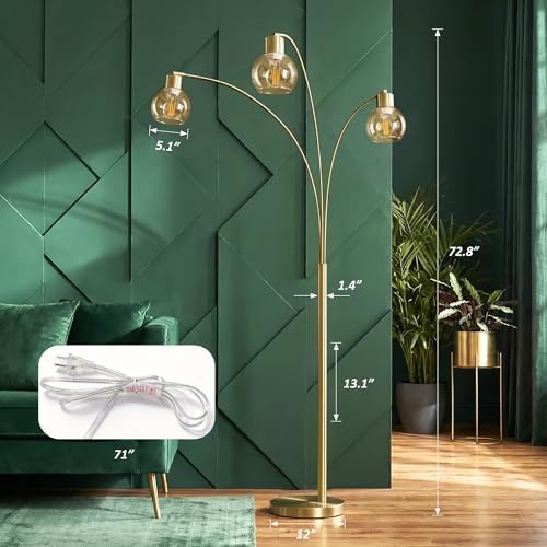 QiMH 3 Lights Floor Lamps for Living Room, 72" Tall Lamp with Amber Glass Shade, Large Tree Floor Lamp with Foot Switch, Modern Arch Floor Lamp for Bedroom Office, Brushed-Gold, 2700K Bulbs Included - Image 4