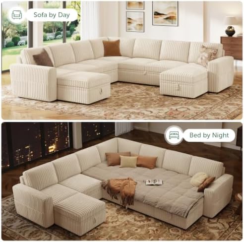 HONBAY Modular Sectional Sleeper Sofa with Pull Out Bed Oversized Corduroy L Shaped Sofa Bed with Storage Couches for Living Room,Beige - Image 4