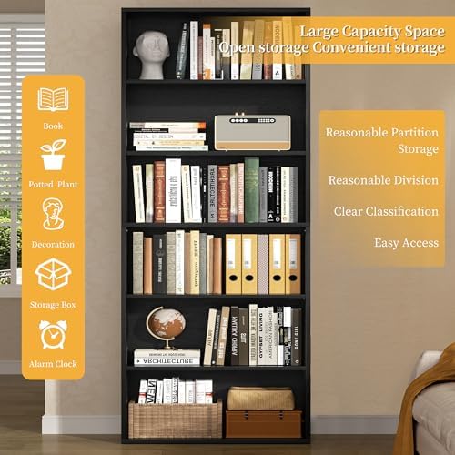 6-Tier Bookshelf, Modern Open Bookcase,6 Shelf Display Storage Shelves Floor Standing, 71 inches Tall Shelves for Home Office, Black - Image 5