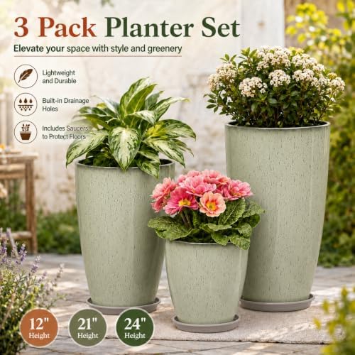 Neoaider Set of 3 Tall Planter, 24/21/12in Large Plastic Planter, DripGlaze - Image 2