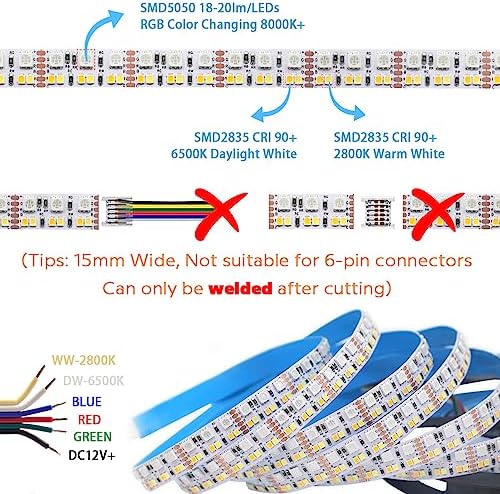 DC12V RGB CCT Color Changing LED Strip Light, 5050 RGB 2835 Warm White Daylight White Double Row Super Bright RGBWW Non-Waterproof Flexible LED Tape Light(DC12V 5meter/16.4ft) - Image 2