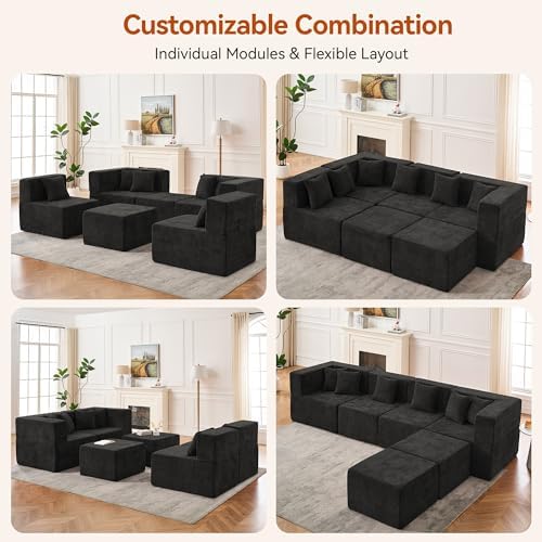 MONVANE 130'' Modular Sectional Cloud Couch for Living Room, 6 Seater Convertible Chenille Couches Set with Ottoman & Pillow, No Assembly Compression Sofas, Comfy Floor Sofa with Memory Foam, Black - Image 3