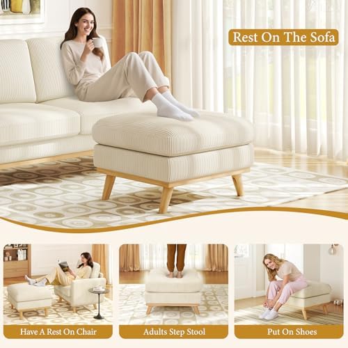 Vesgantti Large Ottoman for Modular Sofa, 29.5" Corduroy Pouf Ottoman with Spring Cushion, Rectangle Foot Rest for Couch, Entrance Footstool with Wood Legs, Footstool for Living Room, Bedroom, Beige - Image 6
