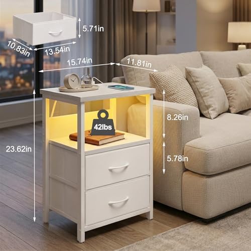 Fixwal Night Stand with Charging Station, White Led Nightstand, 2 Drawers - Image 3
