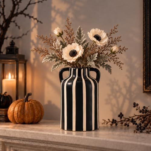 SURE YUESI Black Ceramic Vase with Handles, 9.1 Inch Striped Flower Vase for Halloween Decor, Modern Farmhouse Vase for Pampas Grass, Shelf Decor, Dining Table Centerpiece - Image 5
