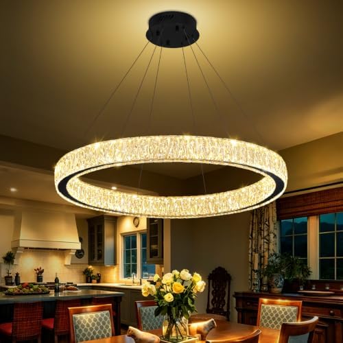Modern Crystal Ring Chandelier 31.5in Ring Pendant Light Adjustable LED Dimmable Black Crystal Chandelier for Dining Room Living Room by IDEQUY