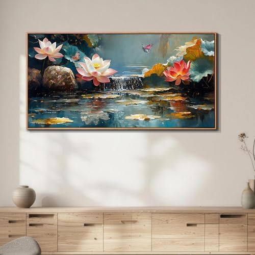 Anolyfi Lotus Canvas Large Framed Wall Art for Living Room, Lotus Wall Decor Zen Yoga Painting Artwork for Spa Bedroom Hallway Dining Room Office Home Decor, 40"x20" by Anolyfi