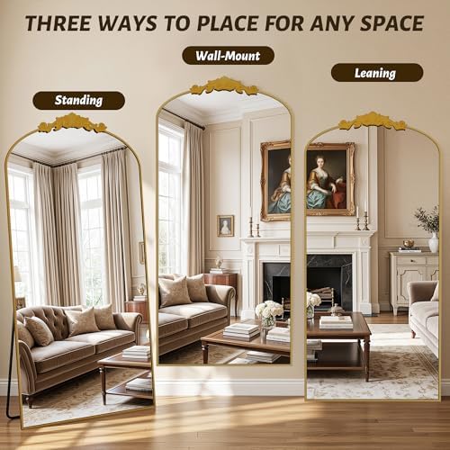 Vintage Full Length Mirror,76"x34" Arched Antique Floor Mirror with Carved Metal Frame,Large Standing Wall Mounted or Leaning Mirror for Bedroom Living Room Entryway,Gold - Image 7