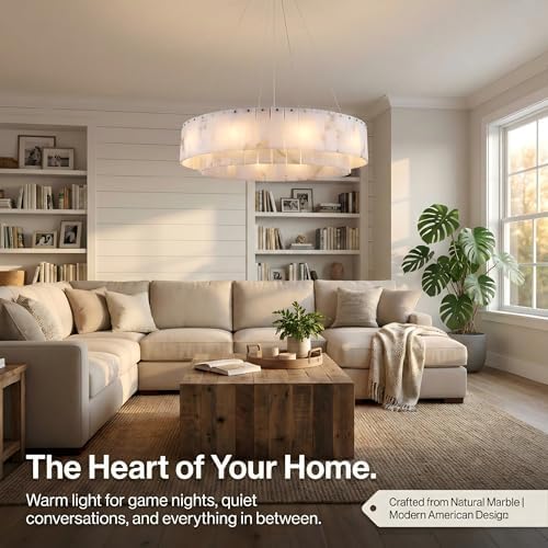 Alabaster Chandelier 31 Inch, Modern Round Chandelier for Dining Room, 12-Light 2-Tier Natural Stone Chandeliers with G9 Bulbs, Gold Spanish Alabaster Fixture for Living Room, Foyer, Bedroom - Image 3
