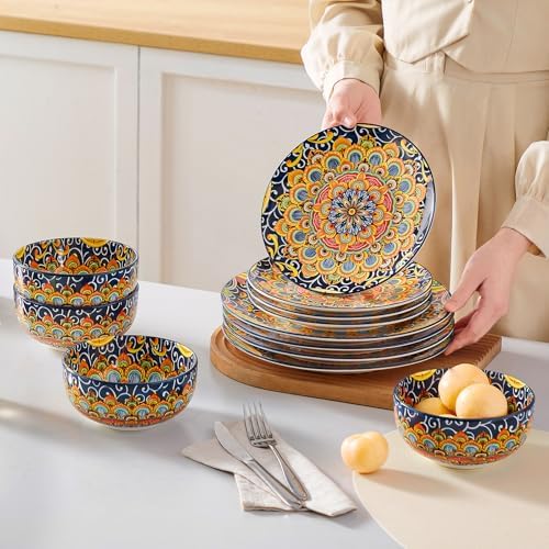 vancasso 12 Pieces Dinnerware Sets, Dark Green Plates and Bowls Set, Porcelain Dishes Set for 4, Microwave and Dishwasher Safe, Scratch Resistant, Bohemian Style Dining Ware Service for 4, Series SIMI - Image 5